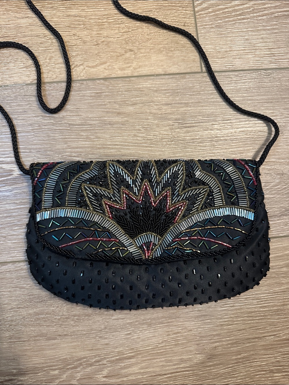 VTG Carla Marchi - Black Beaded Bag with Multi- Colored Bead Embellished Flap